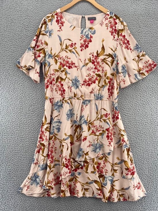 Vince Camuto Dress Womens Medium Beige Multi Floral Fit & Flare Flutter Sleeve - Picture 1 of 9